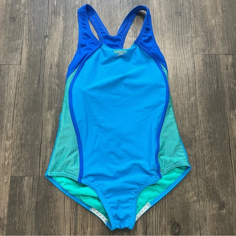 Speedo Girls One Piece Swimwear Blue Green Racerback Unpaded Bathing Suit 14